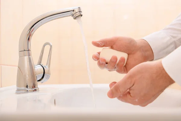 Hand Washing Soap Gel Running Water Washbasin Cleanliness Hygiene Men — Stock Photo, Image