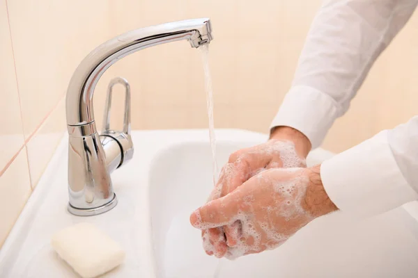 Hand Washing Soap Gel Running Water Washbasin Cleanliness Hygiene Men — Stock Photo, Image