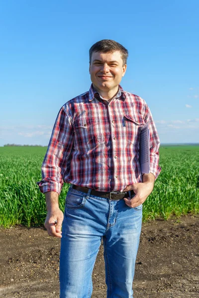 Man Farmer Poses Field Dressed Plaid Shirt Jeans Checks Reports — Stock Photo, Image