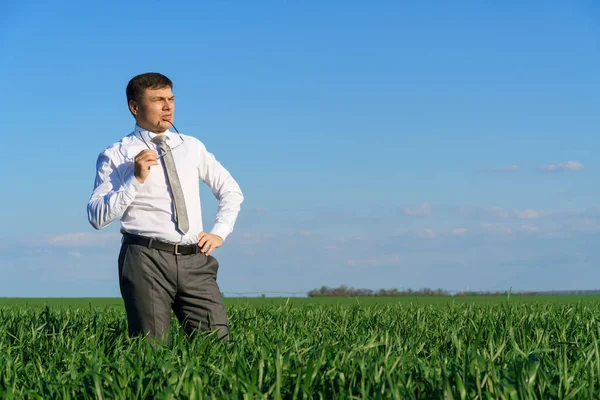 Businessman Poses Field Looks Distance Rests Green Grass Blue Sky — Stock Photo, Image