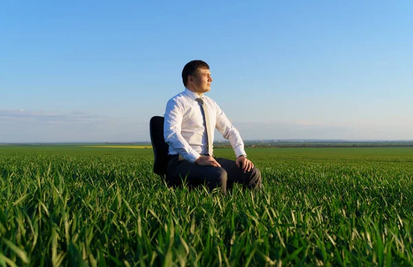 Businessman Sits Office Chair Field Rests Freelance Business Concept Green Stock Photo