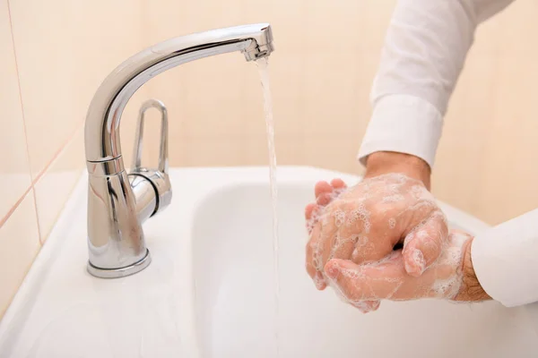 Hand Washing Soap Gel Running Water Washbasin Cleanliness Hygiene Men — Stock Photo, Image