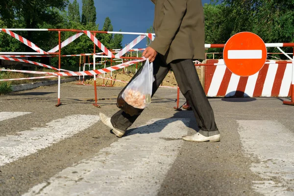 Pedestrian Walks Pedestrian Crossing Next Road Sign Traffic Prohibited Road — Stock Photo, Image