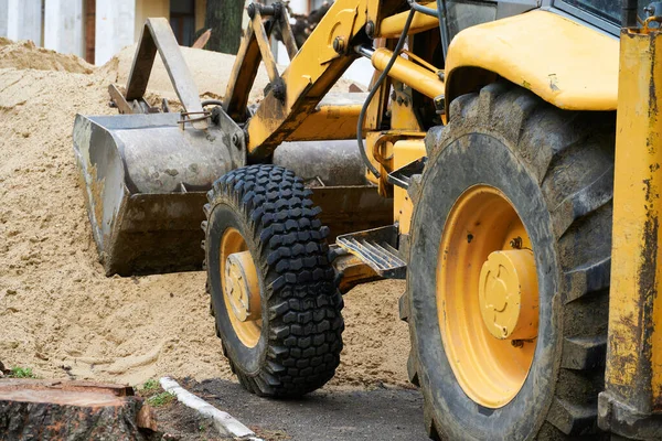 Tractor Bulldozer Works Pile Sand Construction — Stock Photo, Image