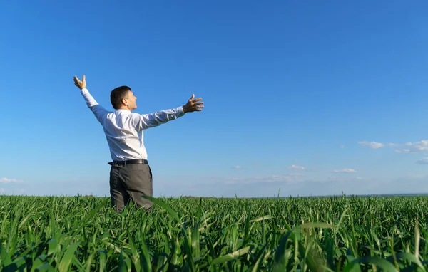 Homme Affaires Pose Dans Champ Regarde Dans Distance Repose Herbe — Photo