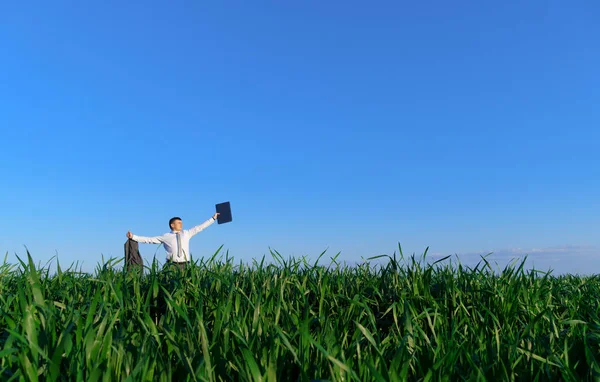 Uomo Affari Lavora Campo Verde Freelance Concetto Business Erba Verde — Foto Stock