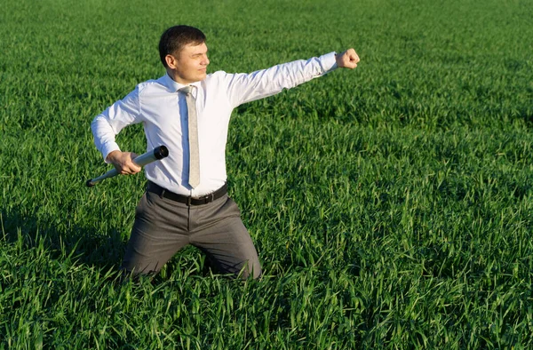 Businessman Posing Field Goes Sports Does Strikes Martial Arts Green — Stock Photo, Image