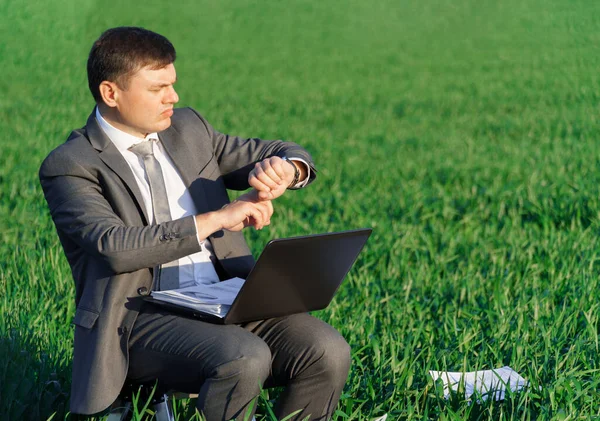 Hombre Negocios Trabaja Campo Verde Freelance Concepto Negocio Hierba Verde —  Fotos de Stock