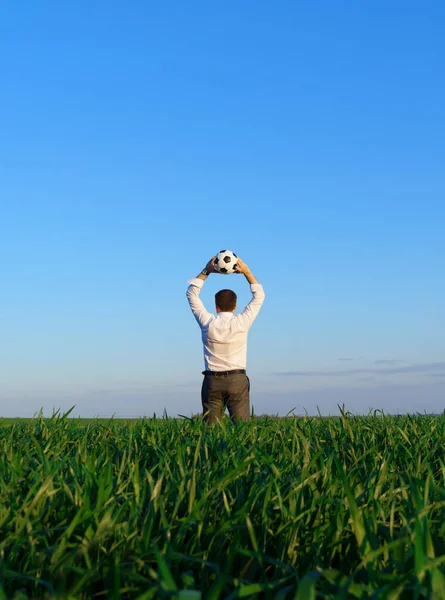 Businessman Poses Soccer Ball Green Grass Field Freelance Sport Business — Stock Photo, Image