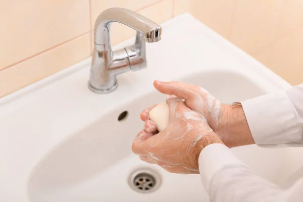 Hand Washing Soap Gel Running Water Washbasin Cleanliness Hygiene Men — Stock Photo, Image