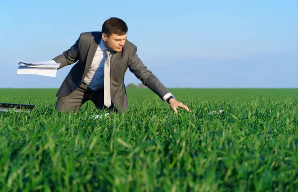 Uomo Affari Lavora Campo Verde Freelance Concetto Business Erba Verde — Foto Stock