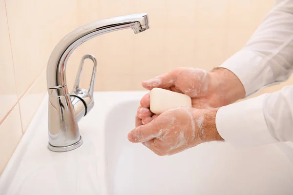 Hand Washing Soap Gel Running Water Washbasin Cleanliness Hygiene Men — Stock Photo, Image