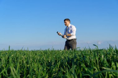 İş adamı arka plan olarak yeşil çimenler ve mavi gökyüzünde yürüyor.
