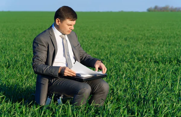 businessman works in a green field, freelance and business concept, green grass and blue sky as background