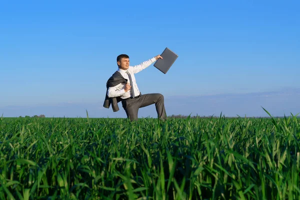 businessman works in a green field, freelance and business concept, green grass and blue sky as background