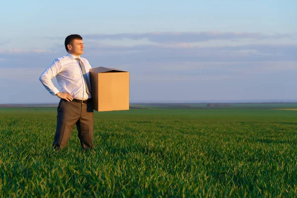 Hombre Negocios Sostiene Una Caja Cartón Posa Campo Hierba Verde — Foto de Stock