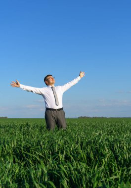 İş adamı bir tarlada poz veriyor, uzaklığa bakıyor ve dinleniyor, arka plan olarak yeşil çimenler ve mavi gökyüzü.