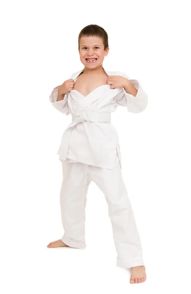 Chłopiec w stawianiu białe kimono — Zdjęcie stockowe