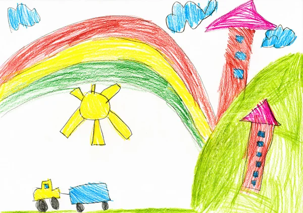 Dom w miejscowości. rysunek dziecka. — Zdjęcie stockowe