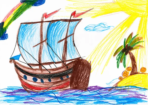 Segelbåt och ön. barns teckning. — Stockfoto