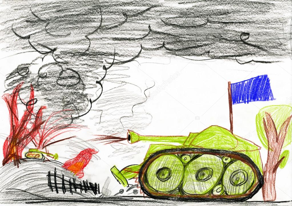 tank in war battle. child drawing.