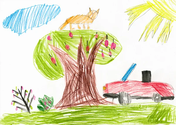 Coche rojo en un claro. dibujo de niños —  Fotos de Stock