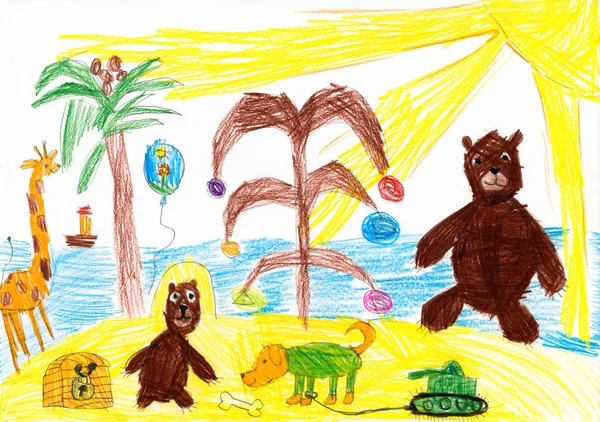 Los animales celebran el nuevo año en una playa tropical. dibujo de niños —  Fotos de Stock