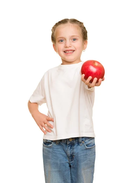 Meisje met groenten en fruit op wit — Stockfoto