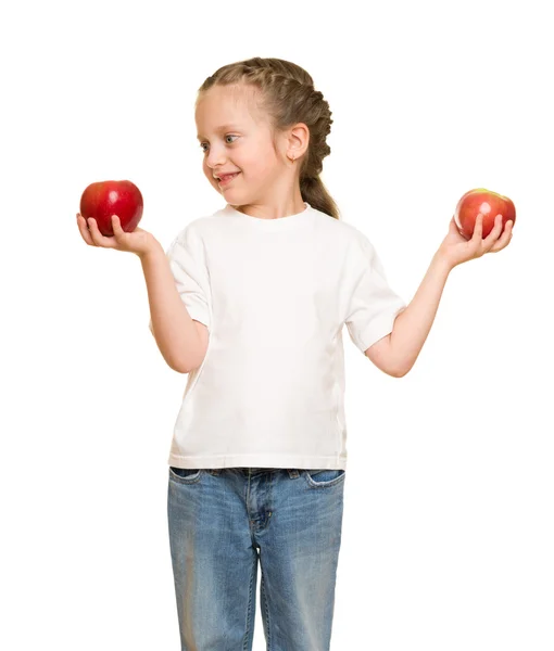 Little girl with fruits and vegetables on white — Stock Photo, Image