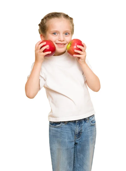 Menina com frutas e legumes em branco — Fotografia de Stock