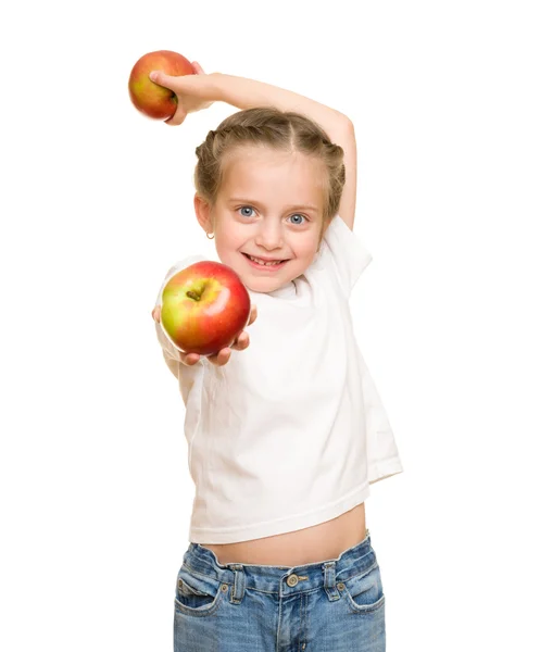 Meisje met groenten en fruit op wit — Stockfoto