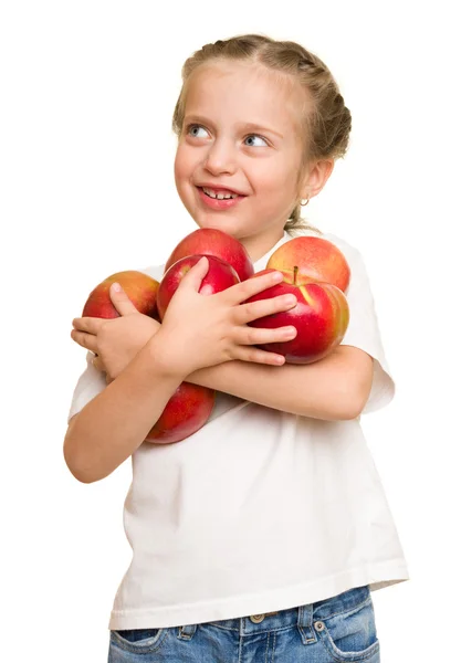 Meisje met groenten en fruit op wit — Stockfoto