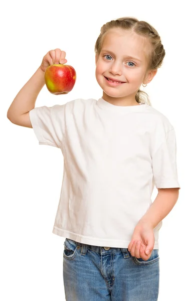 Holčička s ovocem a zeleninou na bílém pozadí — Stock fotografie