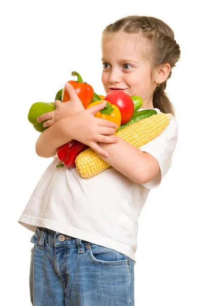 A gyümölcsök és zöldségek a fehér kislány — Stock Fotó