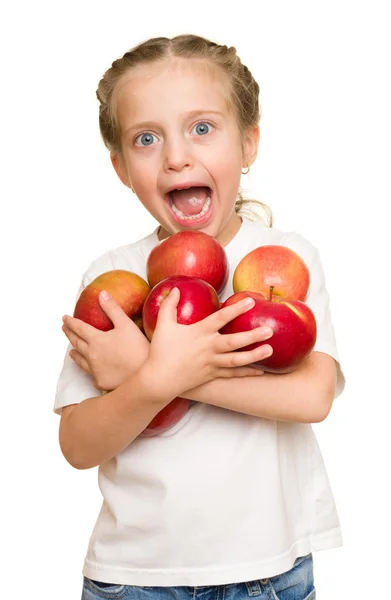 A gyümölcsök és zöldségek a fehér kislány — Stock Fotó