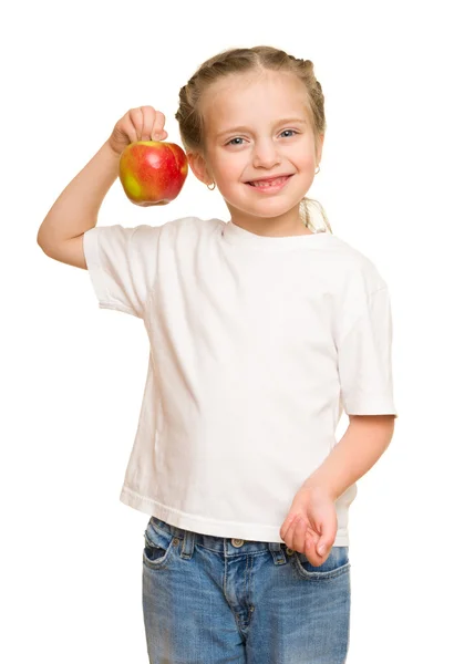 Meisje met groenten en fruit op wit — Stockfoto