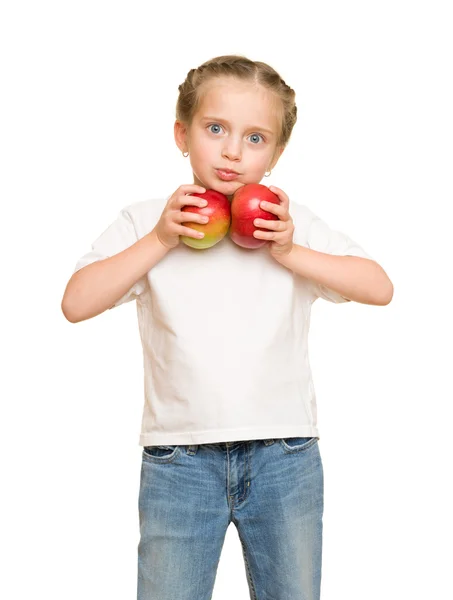 Kleines Mädchen mit Obst und Gemüse auf weißem Grund — Stockfoto