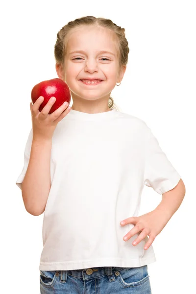 Meisje met groenten en fruit op wit — Stockfoto