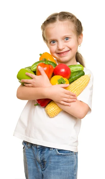 Little girl with fruits and vegetables on white — Stock Photo, Image