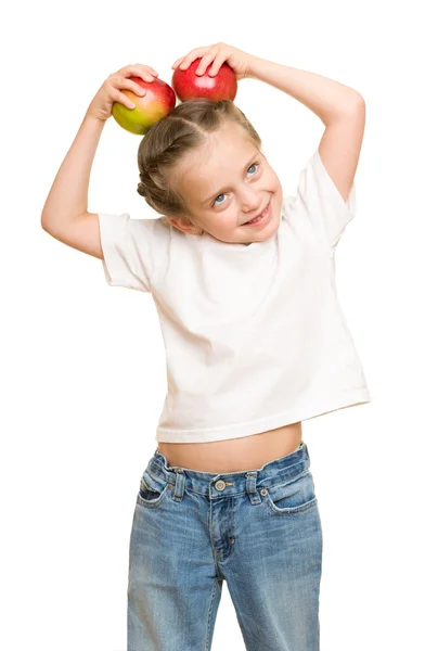 白色衬底上的蔬菜和水果的小女孩 — 图库照片