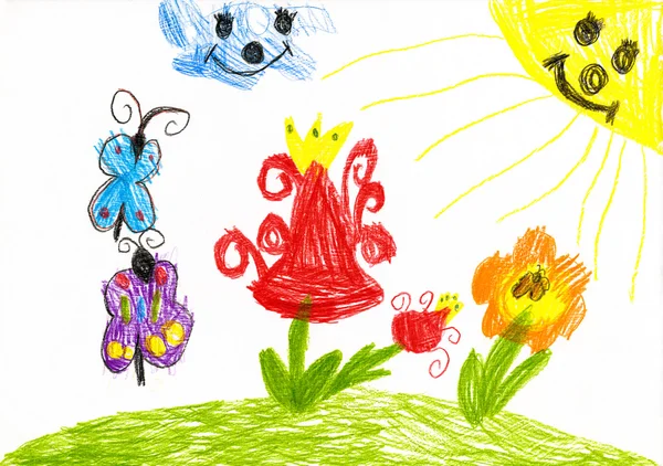 Flor silvestre y mariposa en el prado soleado. dibujo infantil —  Fotos de Stock