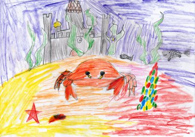 Sualtı yengeç ve batık castle. çizim çocuk