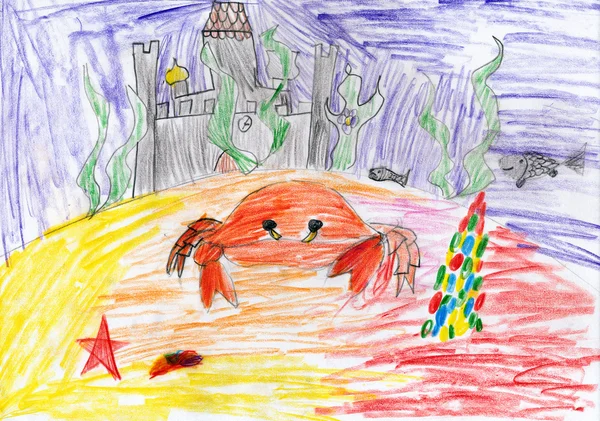 Caranguejo submarino e castelo afundado. desenho infantil — Fotografia de Stock