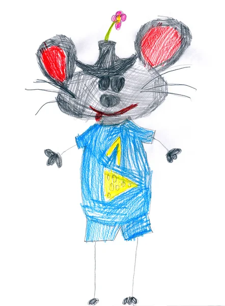 Blue mouse with number one. child drawing — Stock Photo, Image