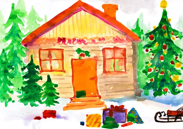 Χριστούγεννα περίτεχνα χειμώνα σπίτι στο δάσος. Παιδιάστικη σχέδιο. — Φωτογραφία Αρχείου