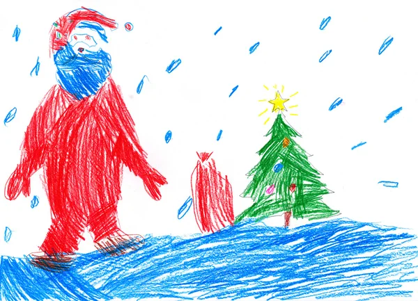 Santa goes on snow. Child drawing. — Stock Photo, Image