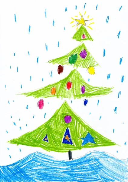 Christmas tree on snowfall. Child drawing. — Stock Photo, Image