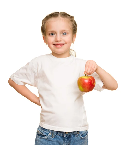 Kleines Mädchen mit Obst und Gemüse auf weißem Grund — Stockfoto