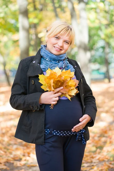 Pregnant woman in autumn park — Stock Photo, Image