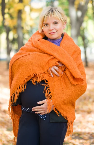 Pregnant woman in autumn park — Stock Photo, Image